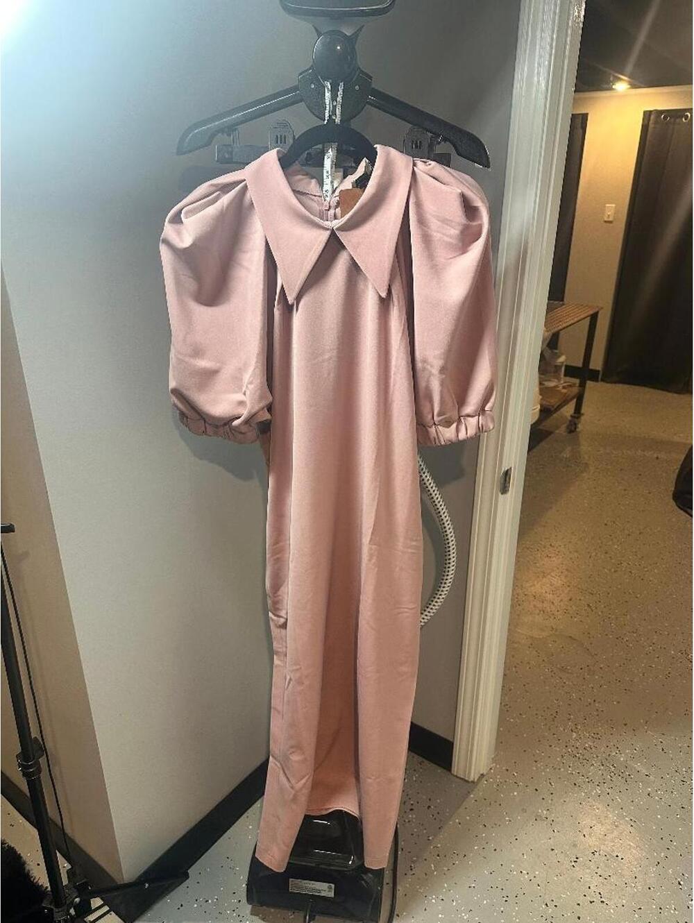 Julia Allert Blush Pink Puff Sleeve Midi Dress M Oversized Collar Minimalist - Picture 2 of 3